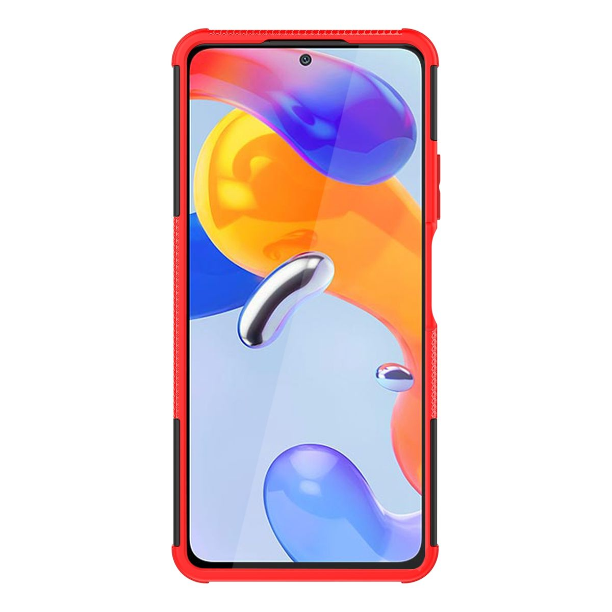 Ein Telefon in roter Hülle. Das Telefon hat einen roten und schwarzen Rahmen. Der Bildschirm ist an.