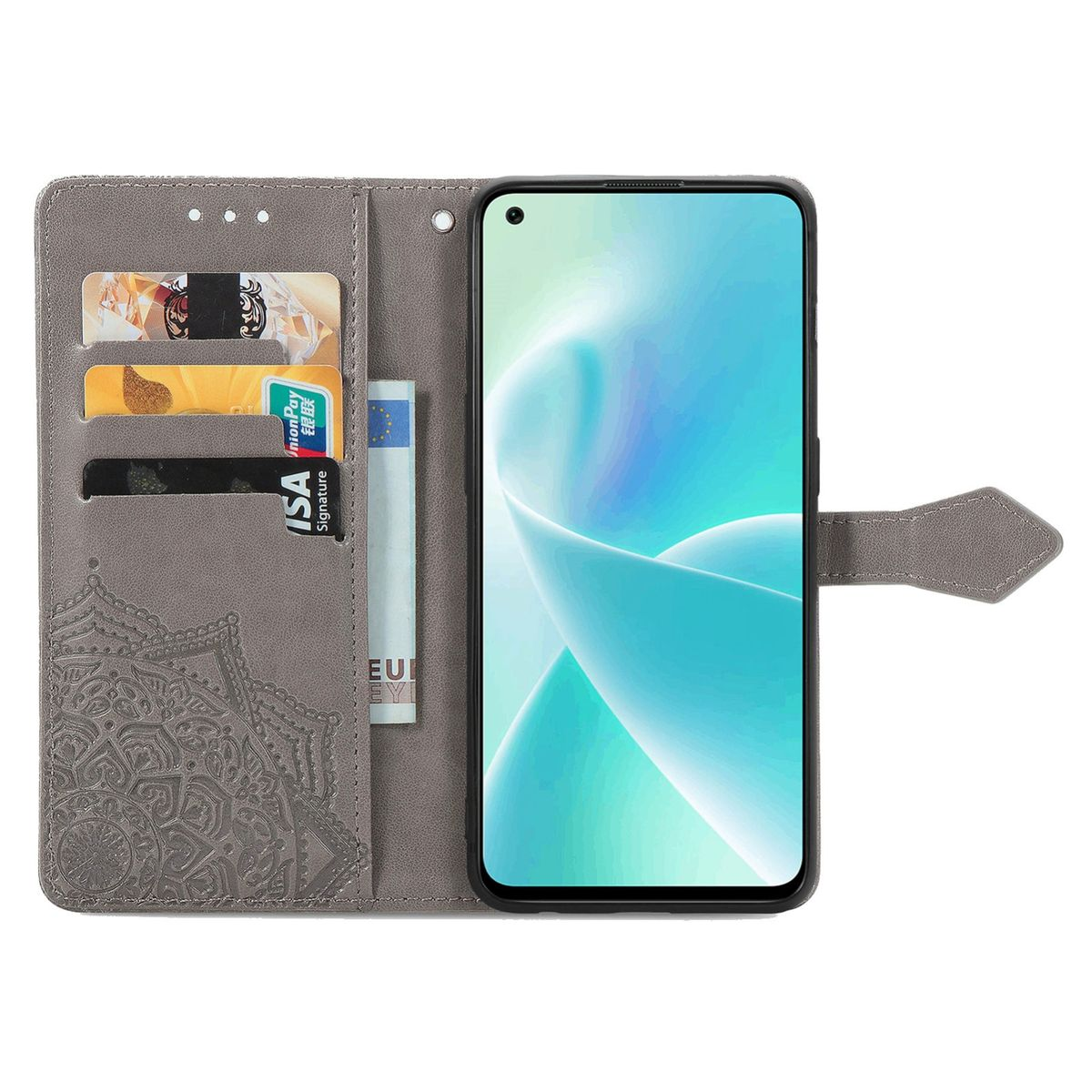 Graue Handyhülle, offen. Telefon mit weiß-blauem Display. Kartenfächer und Geld sichtbar.