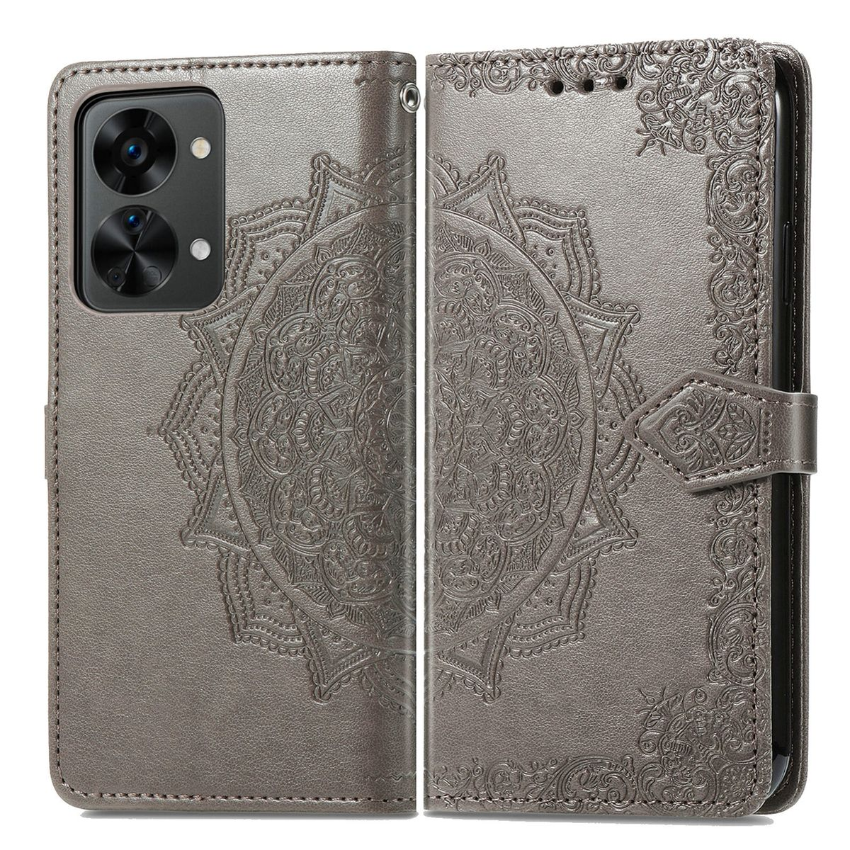 Graue Handyhülle offen, zeigt das Telefon. Die Hülle hat ein Mandala-Design und einen Magnetverschluss.
