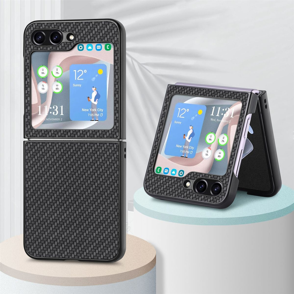 Schwarze Klapp-Handyhülle mit Telefon, weißer Hintergrund.