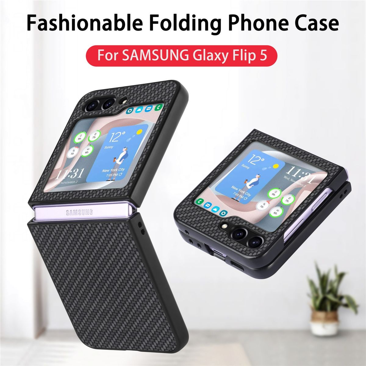 Zwei Samsung Galaxy Flip 5 Telefone in einem Case. Eines offen mit Bildschirm, das andere geschlossen.