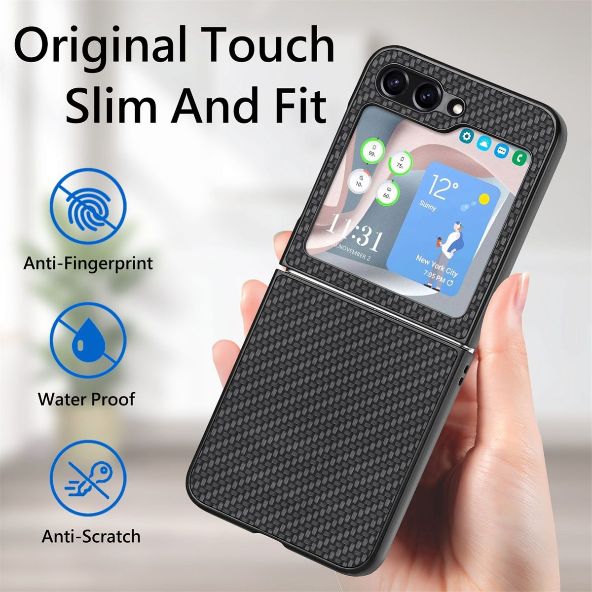 Eine schwarze Handyhülle mit faltbarem Design. Es hat einen Bildschirm und Symbole. Text sagt: Slim and Fit.
