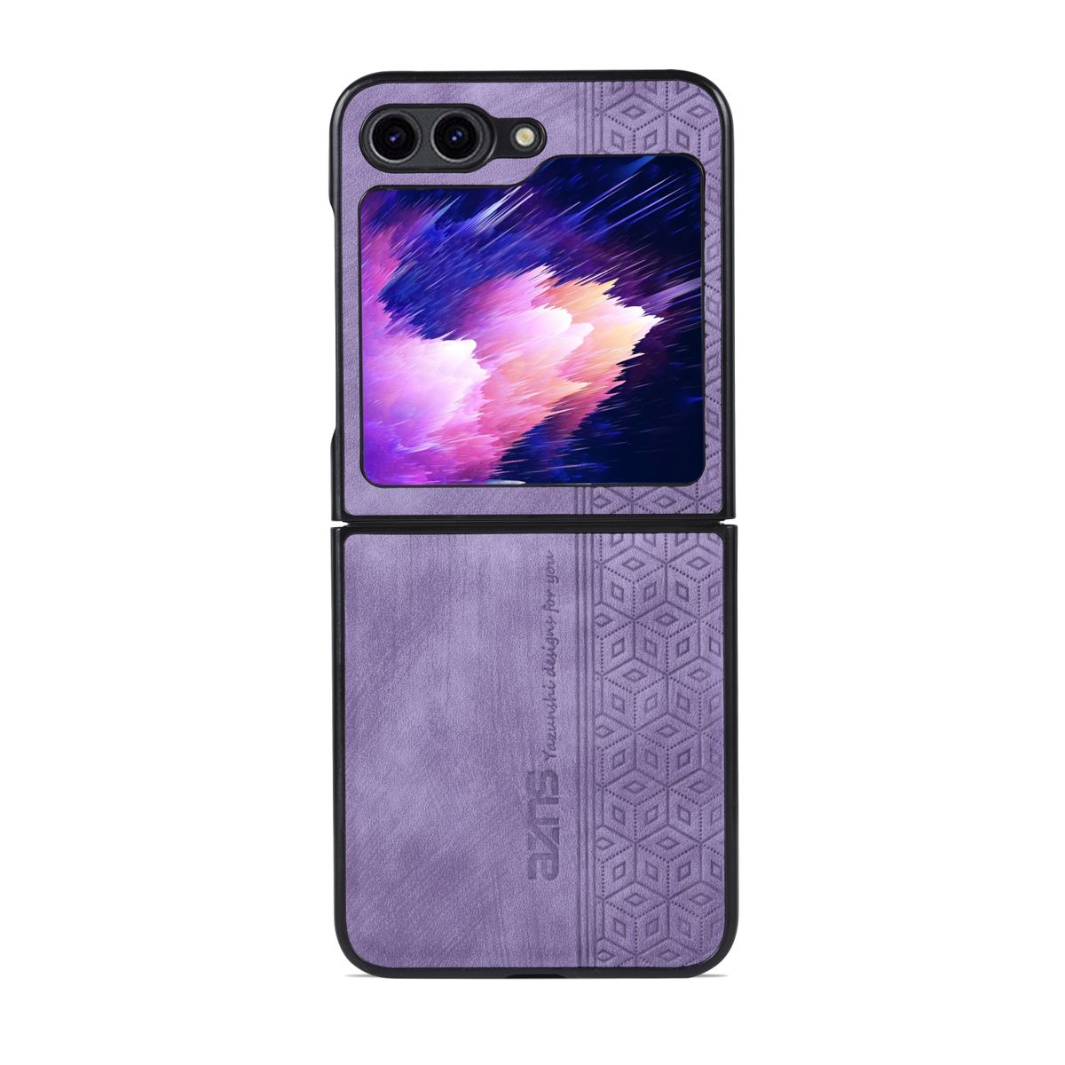Lila Handyhülle mit geöffnetem Telefon. Gemustertes Design. Weißer Hintergrund.