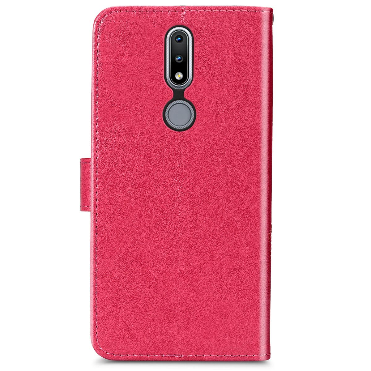 Rote Handyhülle mit Telefon und Kameradetails auf der Rückseite.