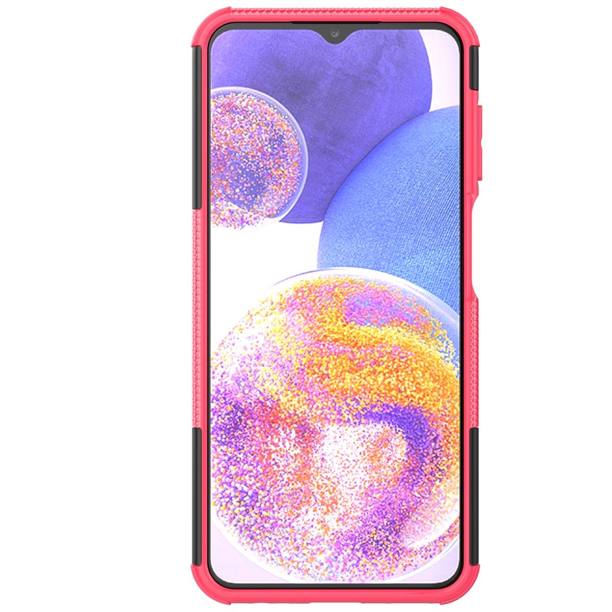 Ein Telefon in einer roten Hülle. Der Bildschirm des Telefons zeigt ein farbenfrohes, abstraktes Design.