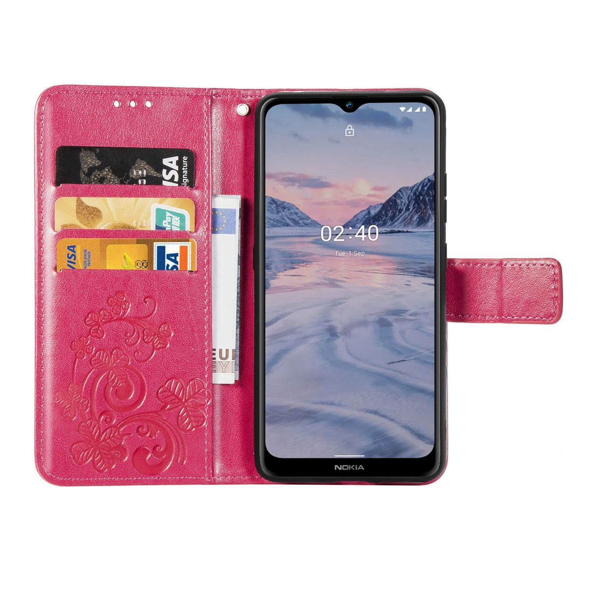 Offene pinke Handyhülle mit Karten und Telefon, das Zeit, Schnee und Berge zeigt.