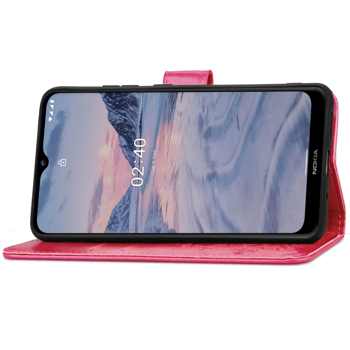 Rosa Handyhülle mit Telefon. Das Telefon zeigt eine Landschaft mit Bergen. Die Uhrzeit ist 02:40.