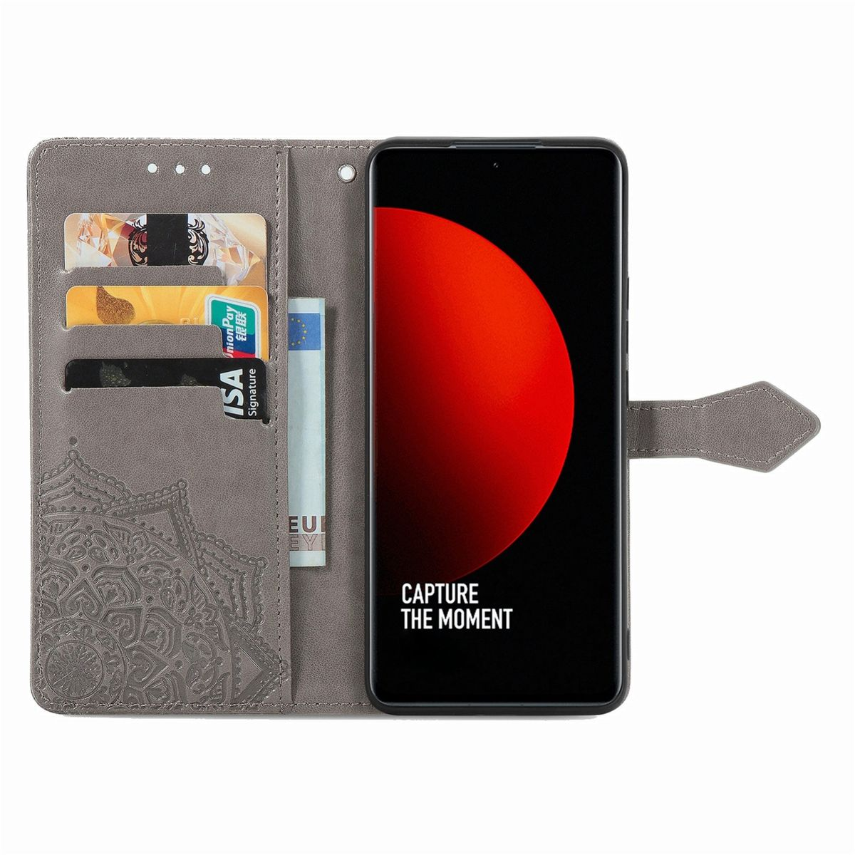 Graue Handyhülle offen, mit Karten, Geld und Telefon mit rotem Kreis.