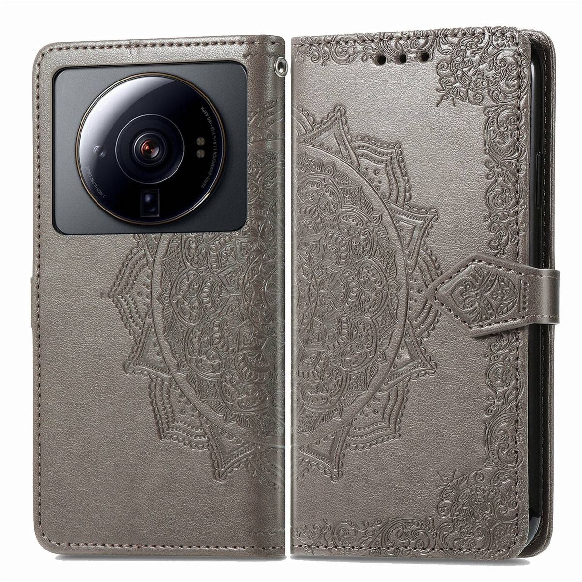 Graue Handyhülle mit Mandala-Design, und Telefon mit großer Kamera links.