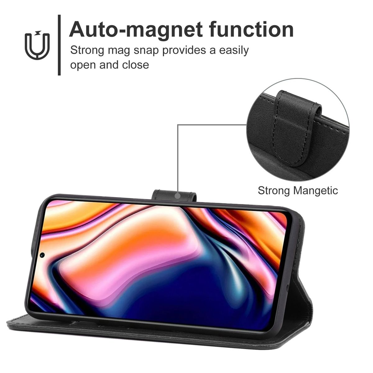 Schwarze Handyhülle offen, mit dem Telefon darin. Text: Auto-Magnetfunktion. Starker Mag-Schnappverschluss.