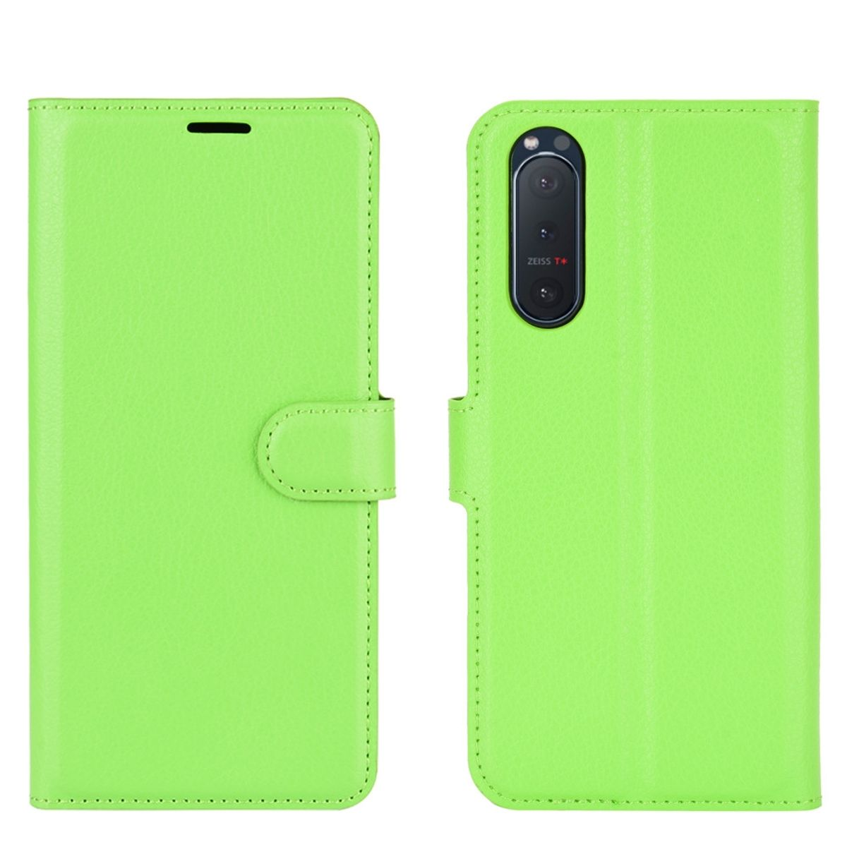 Geöffnete grüne Handyhülle. Telefon mit Kamera sichtbar. Hülle hat Riemenverschluss.