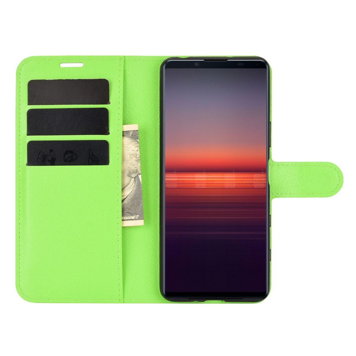 Grüne Brieftaschen-Handyhülle geöffnet mit Telefon. Mit Kartenfächern und Geld.