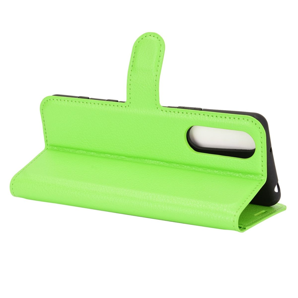 Grüne Handyhülle, offen, mit Telefon innen. Das Telefon ist geneigt.