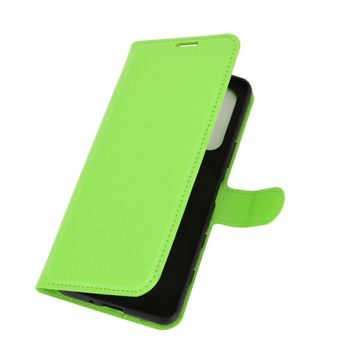 Ein grünes Handy-Etui geöffnet, zeigt einen schwarzen Telefonhalter. Die offene Abdeckung ist ebenfalls grün.