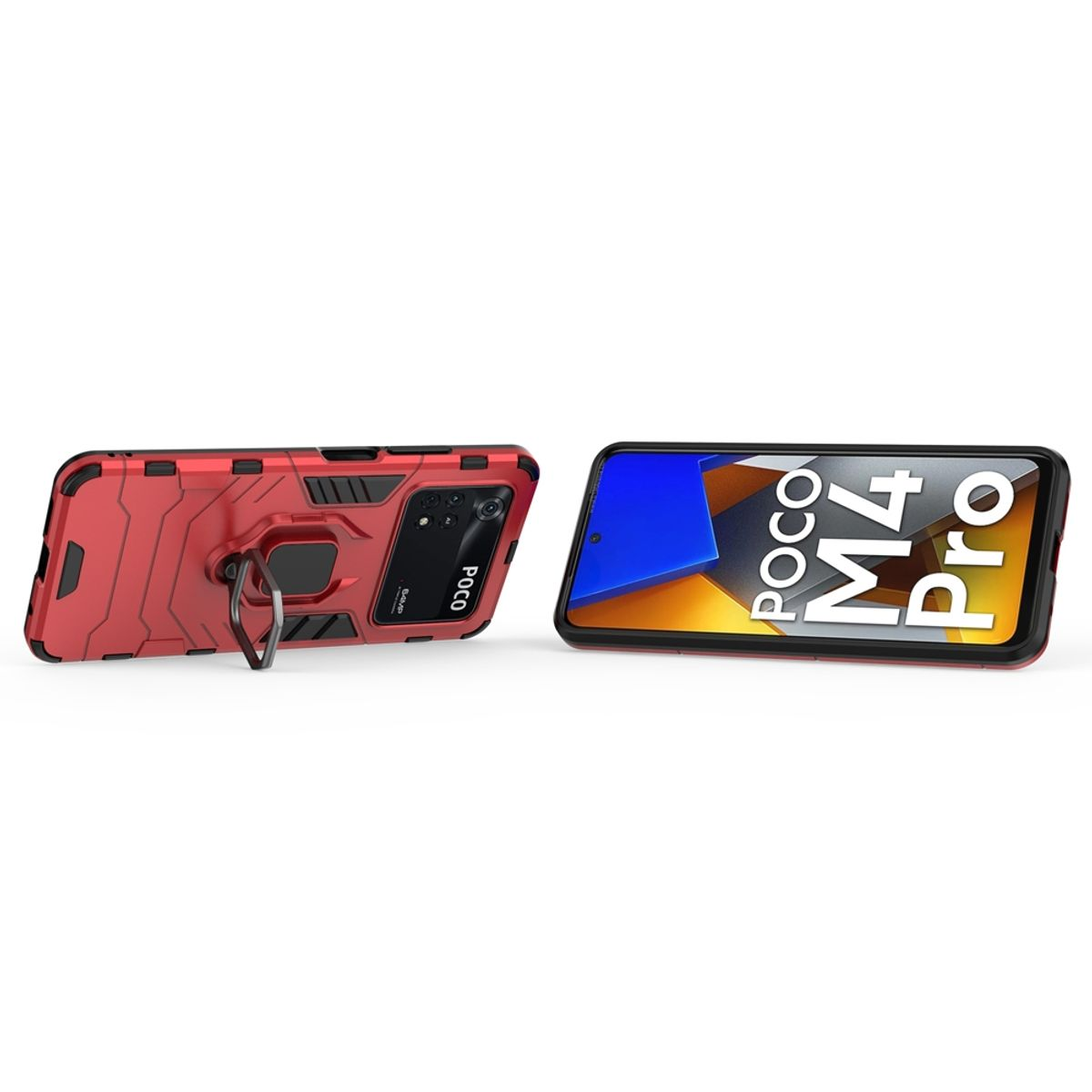 Rote Handyhülle mit einem Telefon. Die Hülle hat einen Ringhalter. Der Bildschirm zeigt die Wörter POCO M4 Pro.