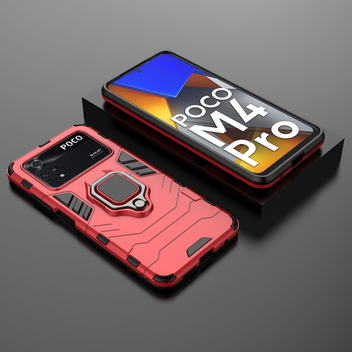 Rote Handyhülle für Poco M4 Pro, mit schwarzem Ringhalter. Das Telefon liegt auf einer schwarzen Oberfläche.