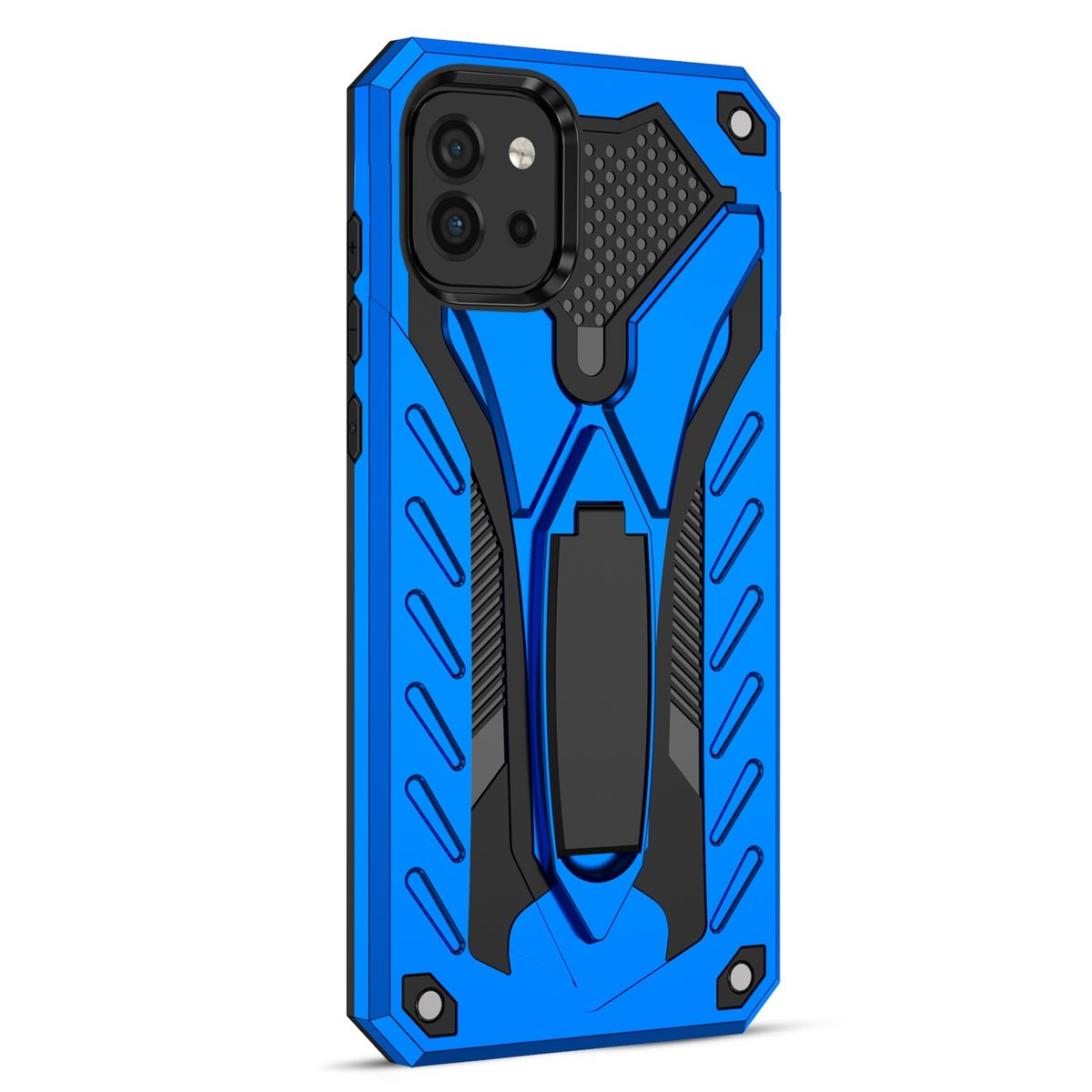 Blaue Handyhülle mit schwarzem und silbernem Design.