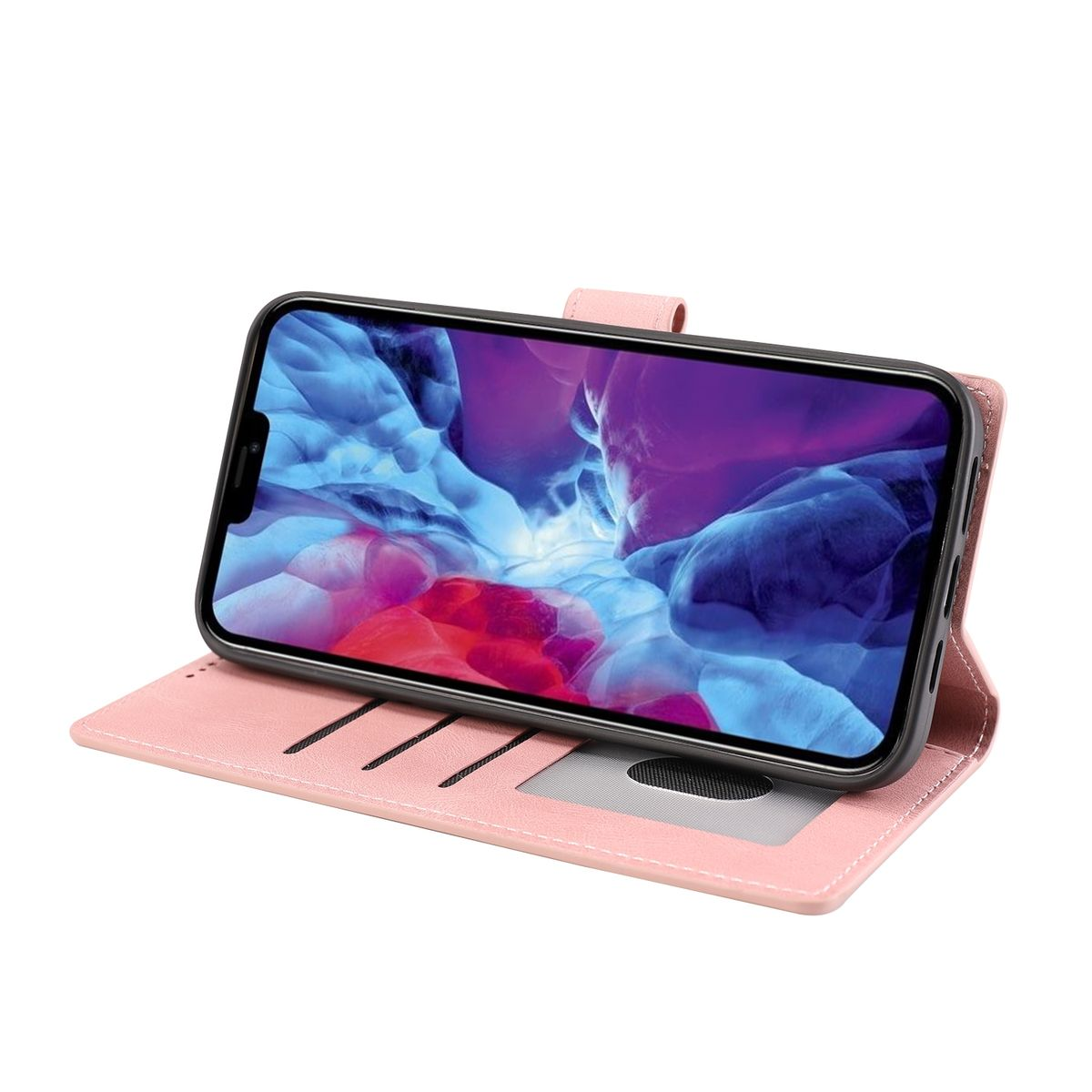 Rosa Handyhülle mit Telefon. Die Hülle hat Kartenfächer.