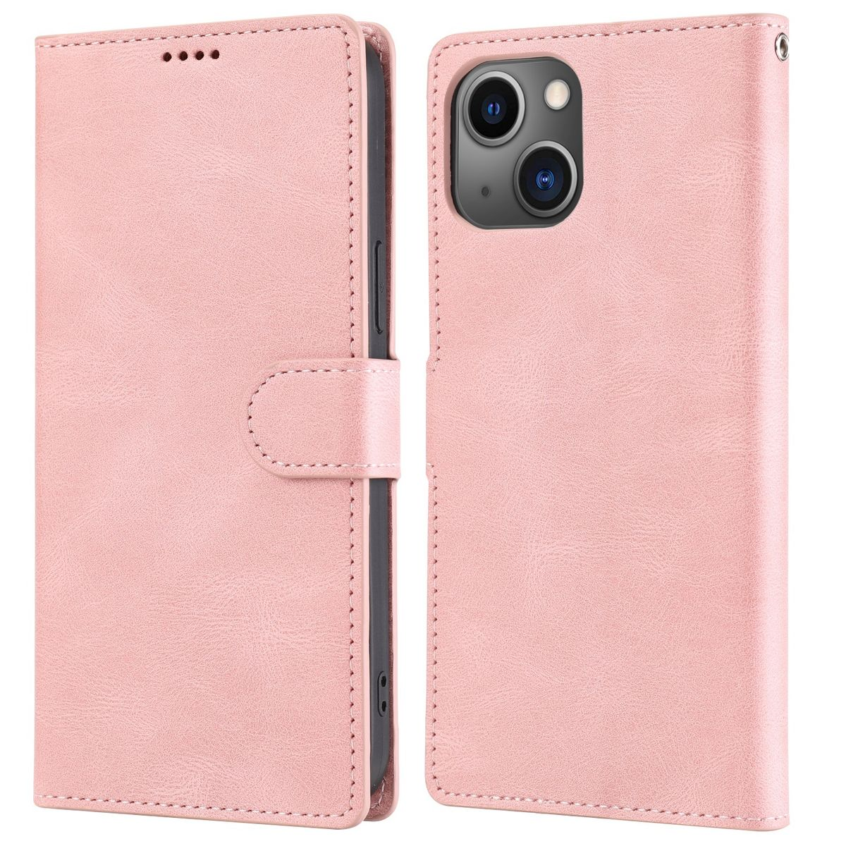 Eine rosa Handyhülle mit einem Telefon darin, offen, das Innere zeigend.