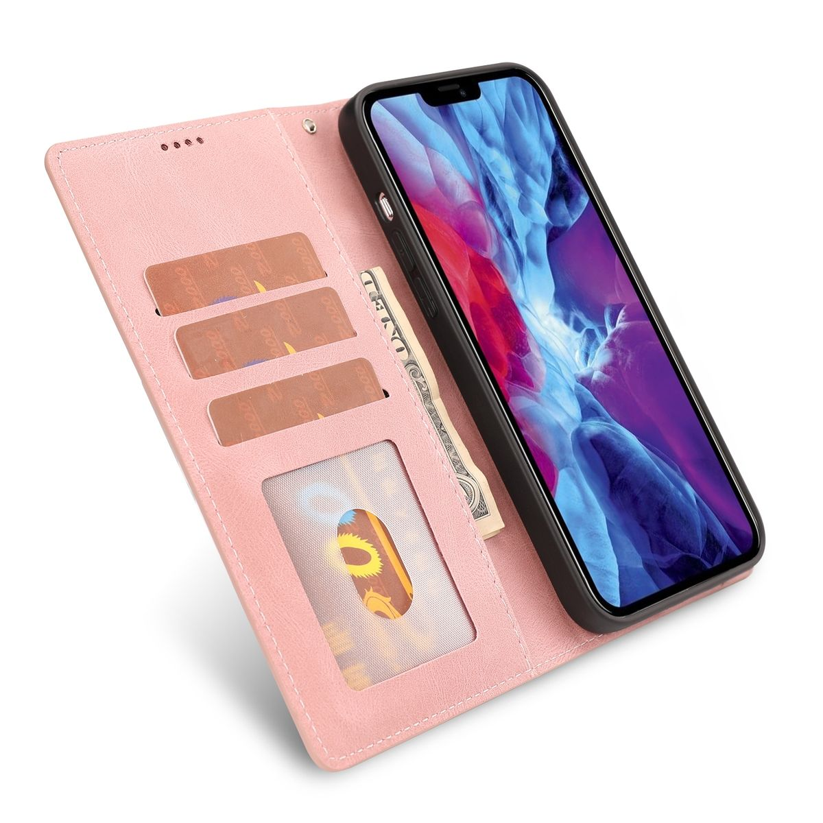 Rosa Handyhülle, offen, mit Telefon darin. Karten und eine Rechnung in der Hülle sichtbar.