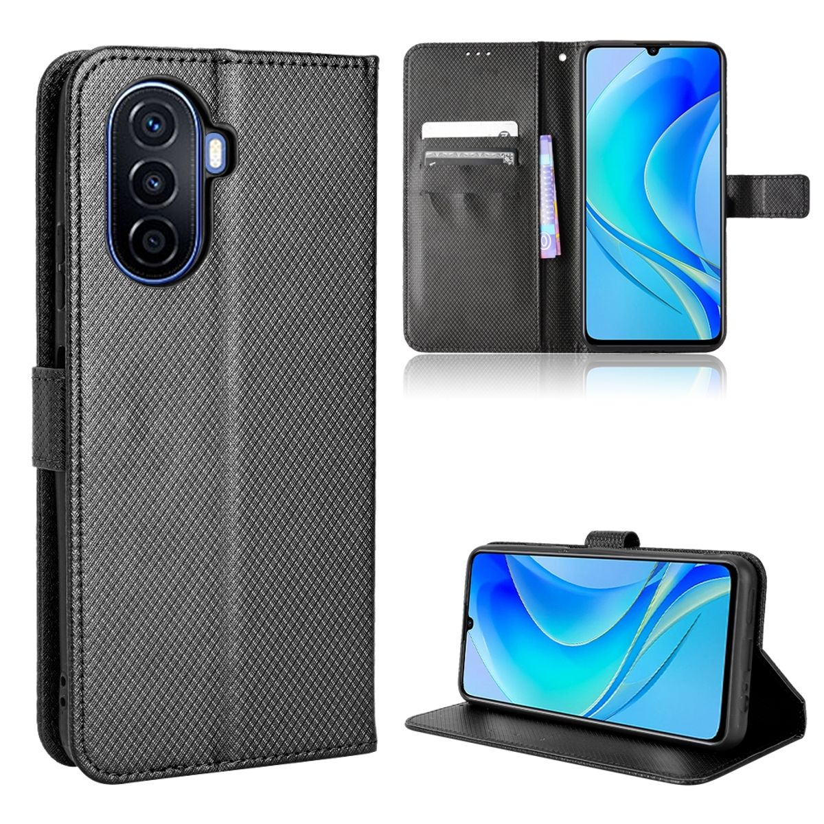 Schwarze Handyhülle mit strukturiertem Design, offen und geschlossen, mit einem Telefon.