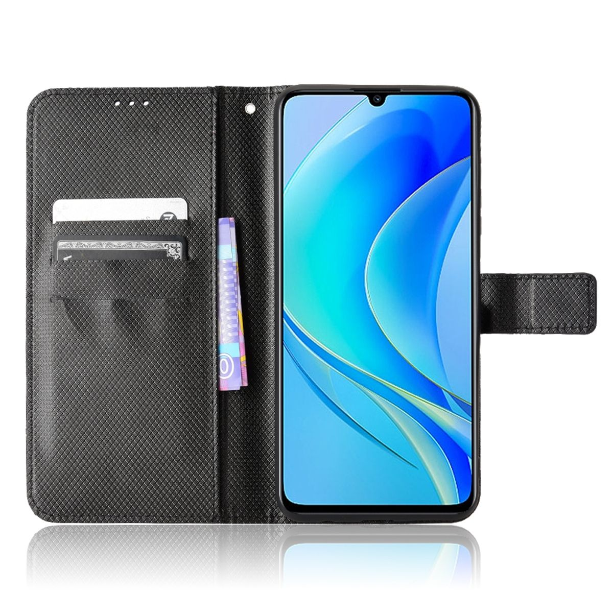 Schwarze Handyhülle offen, mit Karten und Geld. Telefon zeigt blaues Design.