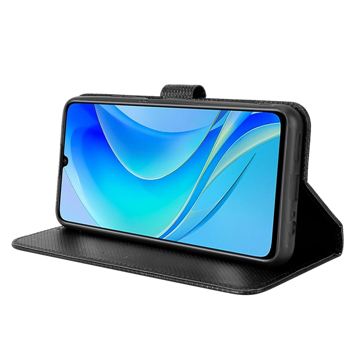 Schwarze Handyhülle geöffnet, zeigt ein Telefon. Das Telefon ist auf dem Tisch aufgestellt.