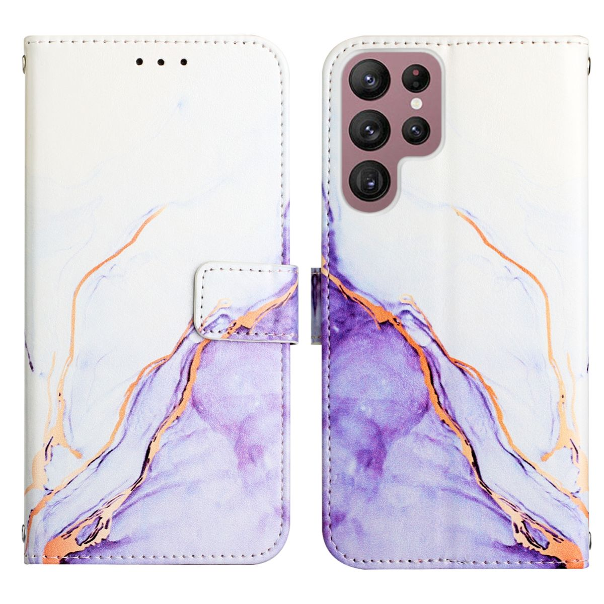 Weißes Handy-Etui mit lila Marmor-Design, offen mit einem Telefon.