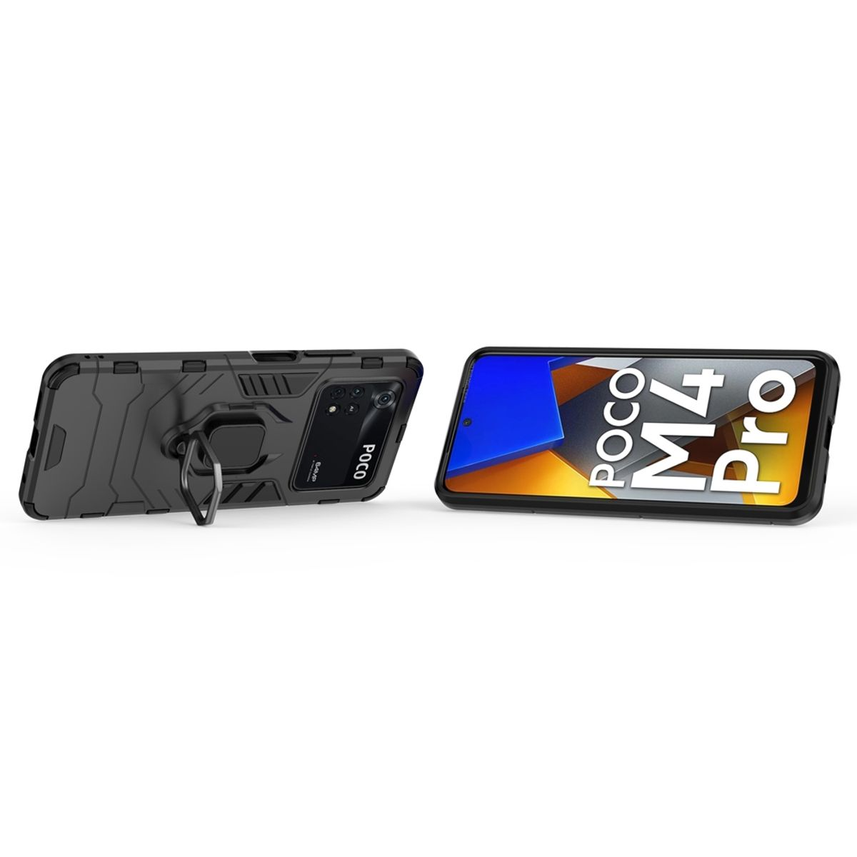 Zwei Handyhüllen, eine schwarze mit Ring, die andere zeigt einen Telefonbildschirm mit dem Namen POCO M4 Pro.