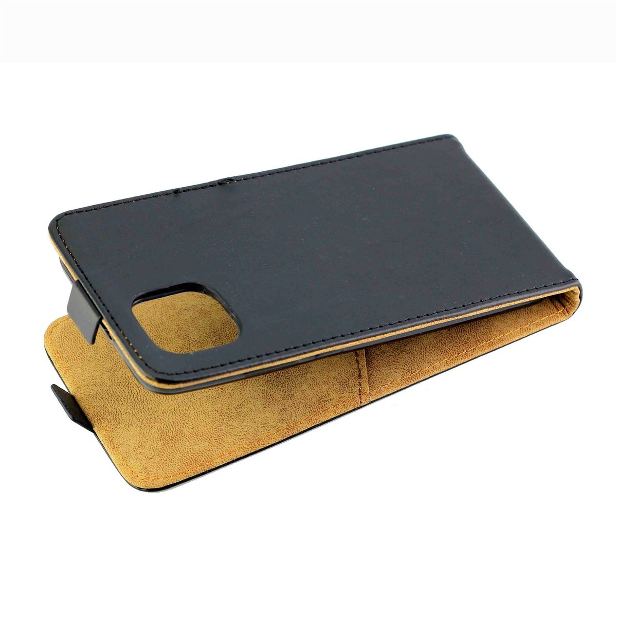 Schwarze Handyhülle offen. Die Innenseite ist beige. Die Handyhülle ist aus Leder.