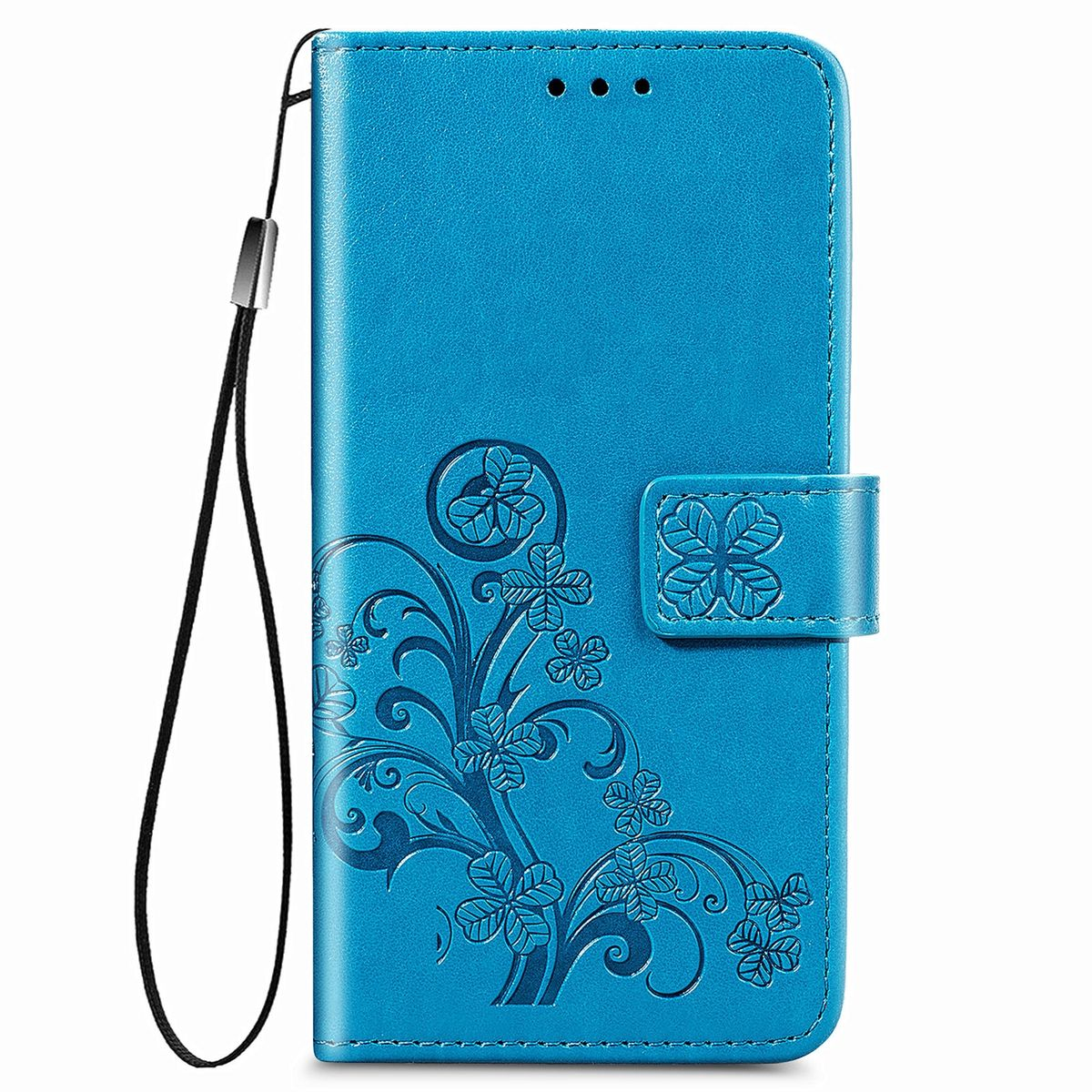 Blaue Handyhülle mit floralem Design und Handschlaufe. Hülle ist geschlossen.