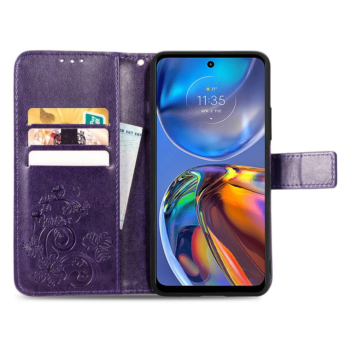 Lila Handyhülle offen mit Telefon darin. Hülle hat Kartenfächer und Blumendesign.