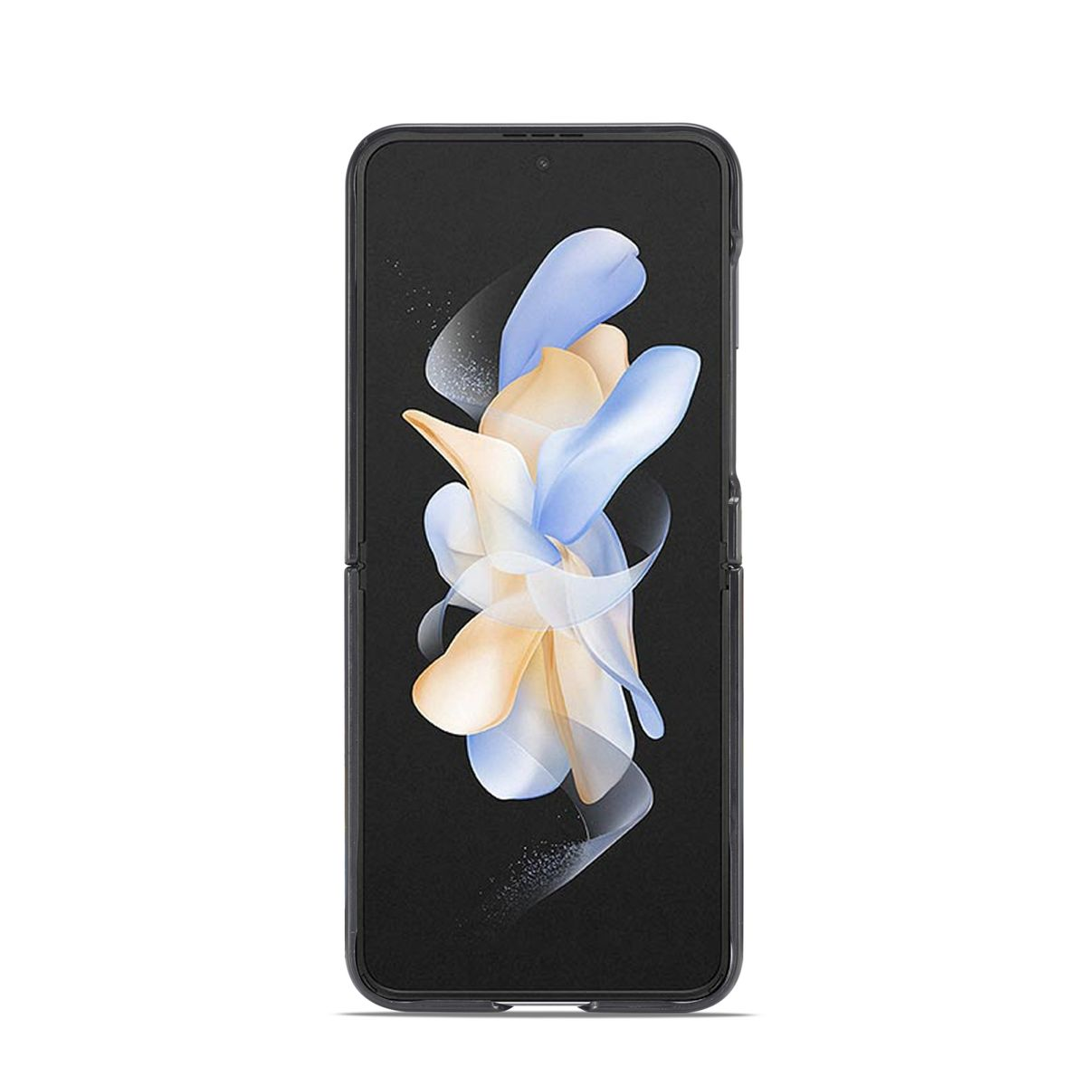 Faltbares Telefon mit schwarzem Rahmen und floralem Design auf dem Bildschirm.