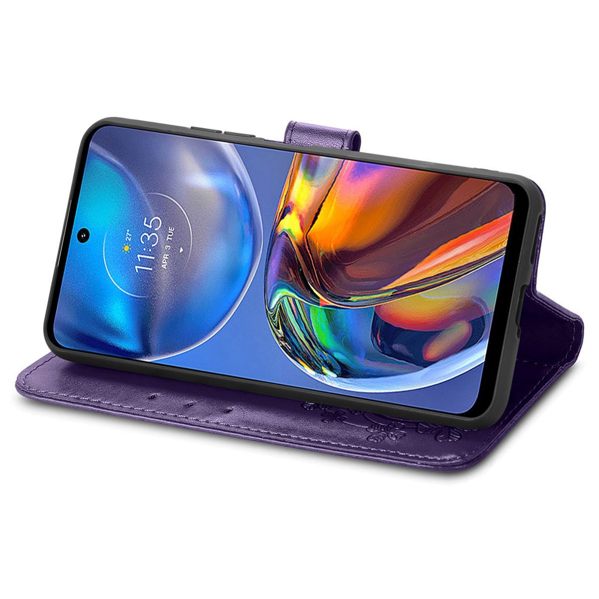 Lila Handyhülle offen mit Telefon, Uhrzeit anzeigend. Weißer Hintergrund.