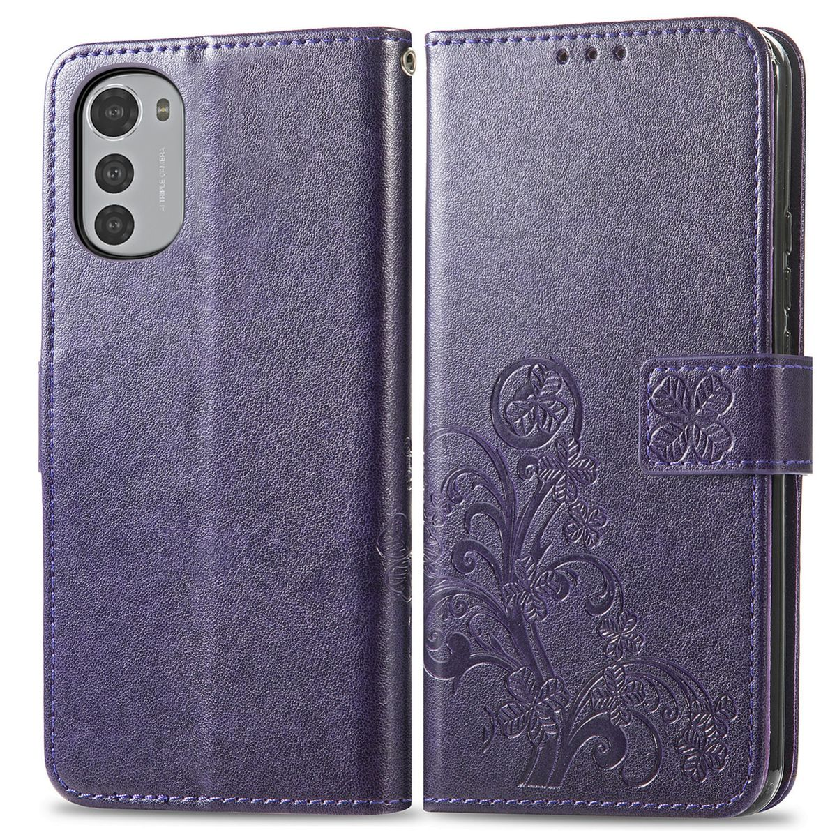 Lila Handyhülle, offen, mit Telefon. Die Hülle hat Blumendesign und einen Knopf.