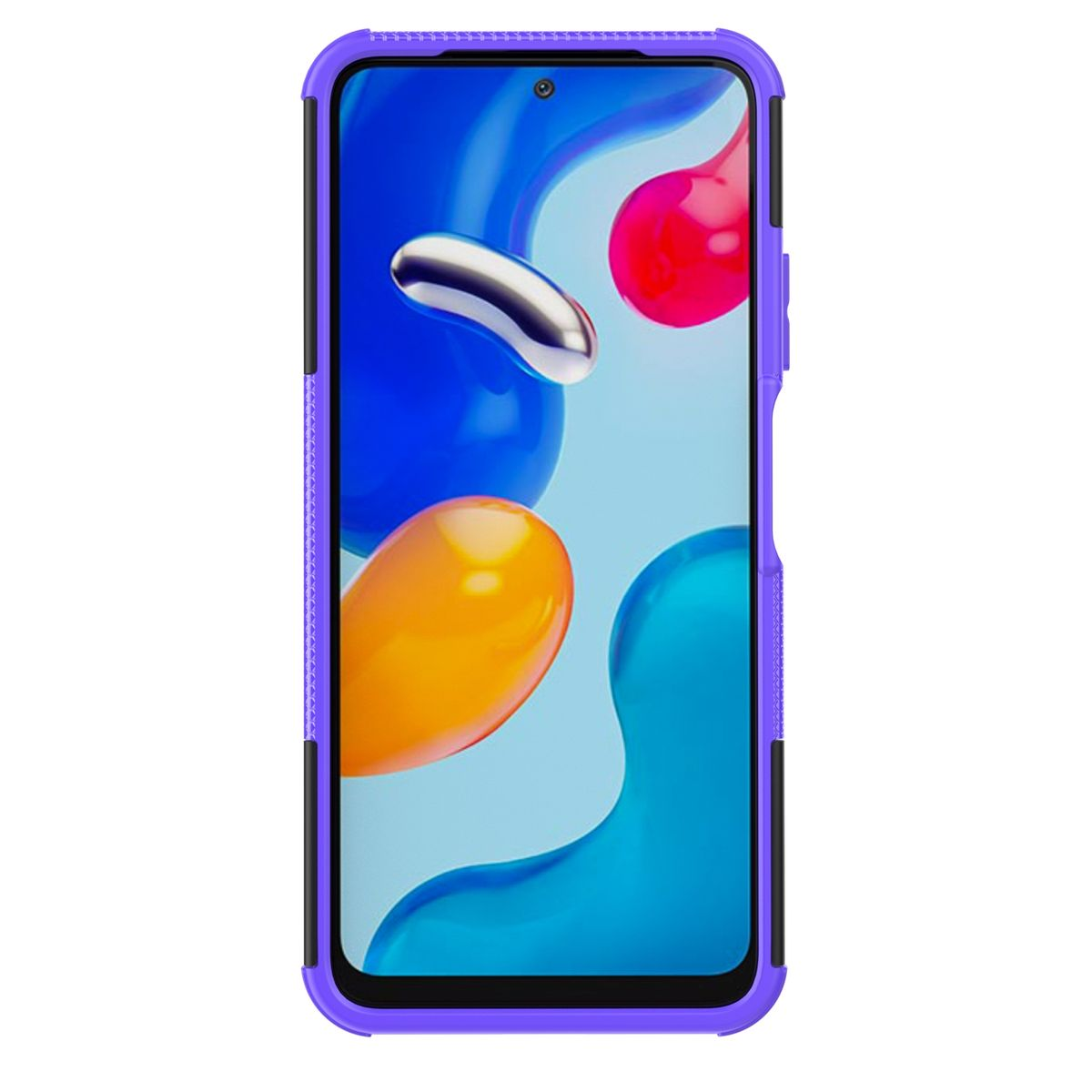 Lila Handyhülle mit Telefon. Rückseite zeigt farbige Grafik. Hat einen lila Rand.