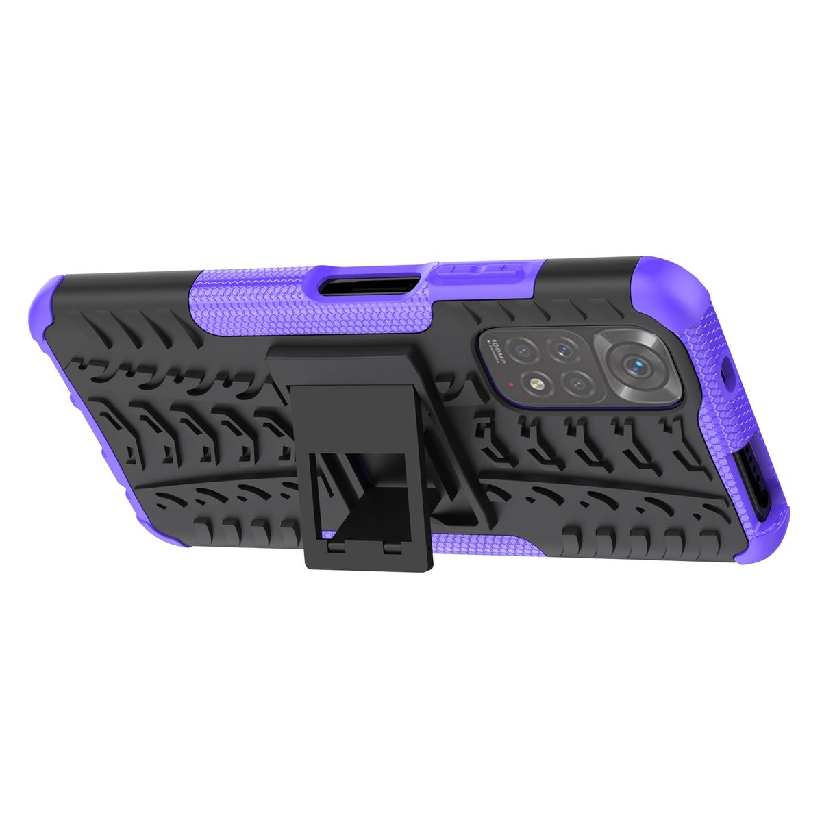 Lila und schwarze Handyhülle mit einem Ständer auf der Rückseite. Die Hülle hat ein strukturiertes Design. Kamera und Tasten sichtbar.