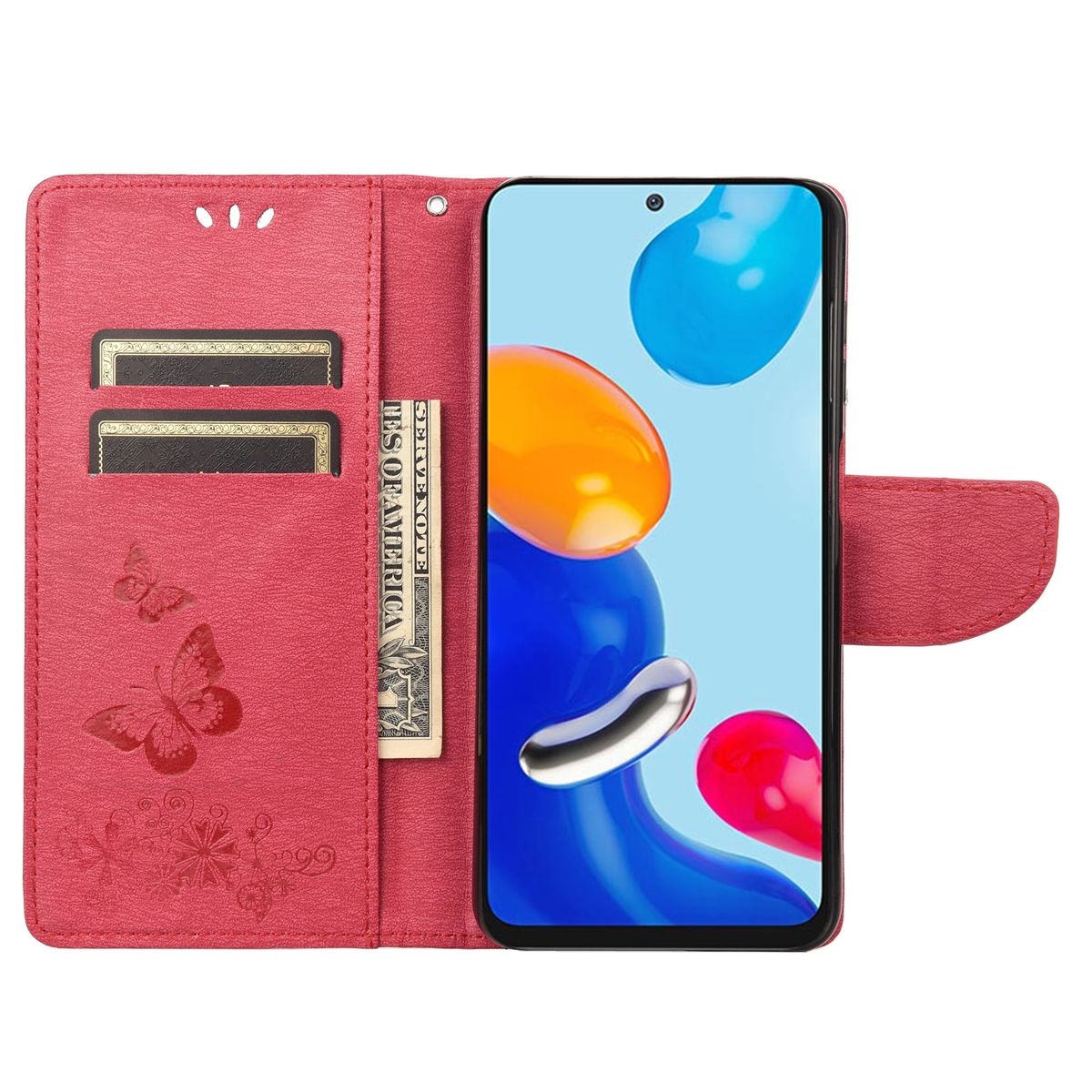 Rote Handyhülle offen, zeigt ein Telefon mit bunten Symbolen. Geld und Karten sind im Etui.