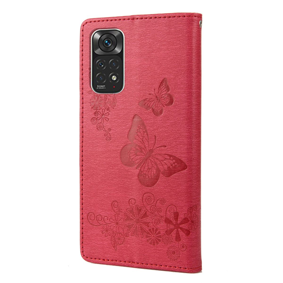Rote Handyhülle mit Schmetterling- und Blumenausschnitten. Telefonkamera oben sichtbar.