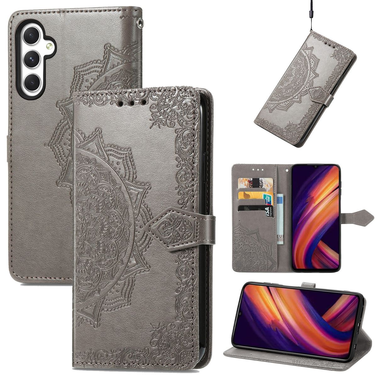 Graue Leder-Handyhülle mit floralem Design, mehrere Ansichten, Karten innen.