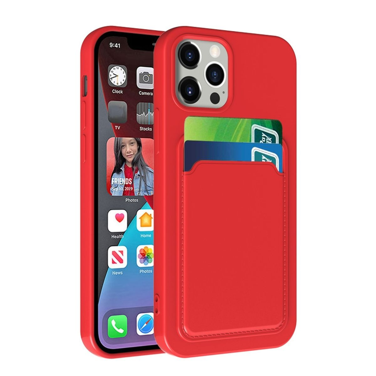 Rote Handyhülle mit Telefon darin. Telefon hat eine Kartenfach. Telefonbildschirm zeigt Symbole. Roter Hintergrund.
