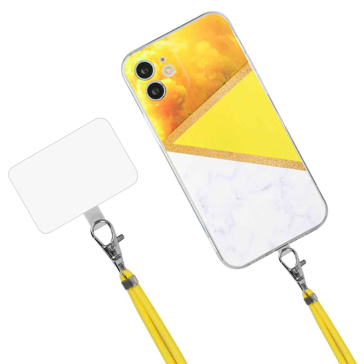 Handyhülle mit abstraktem Design, gelbes Schlüsselband mit weißer Karte. Weißer Hintergrund.