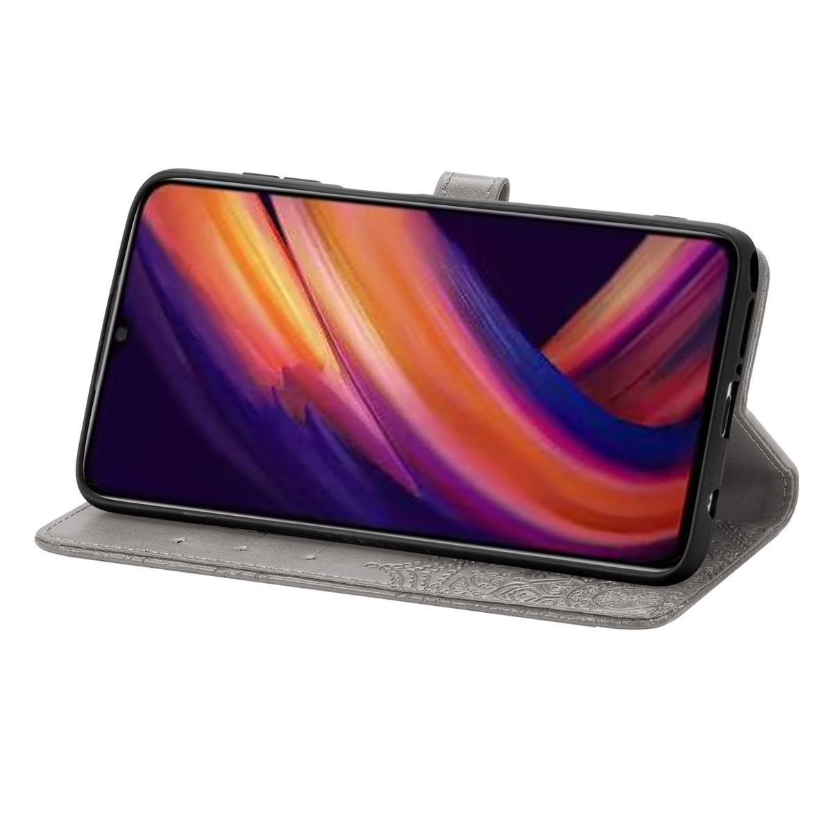 Graue Leder-Handy-Brieftaschenhülle, geöffnet, um ein Telefon zu zeigen.