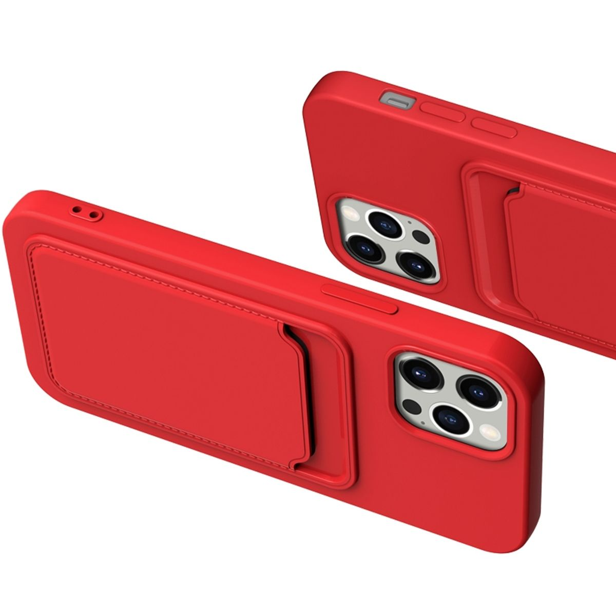 Zwei rote Handyhüllen. Beide haben Kartenfächer und Telefone darin. Roter Hintergrund.
