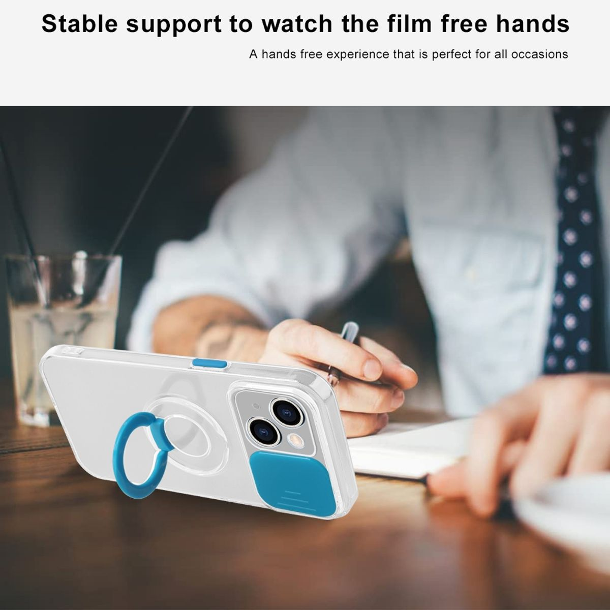 Ein Telefon mit einer durchsichtigen Hülle und einem blauen Ringhalter. Es liegt auf einem Tisch.