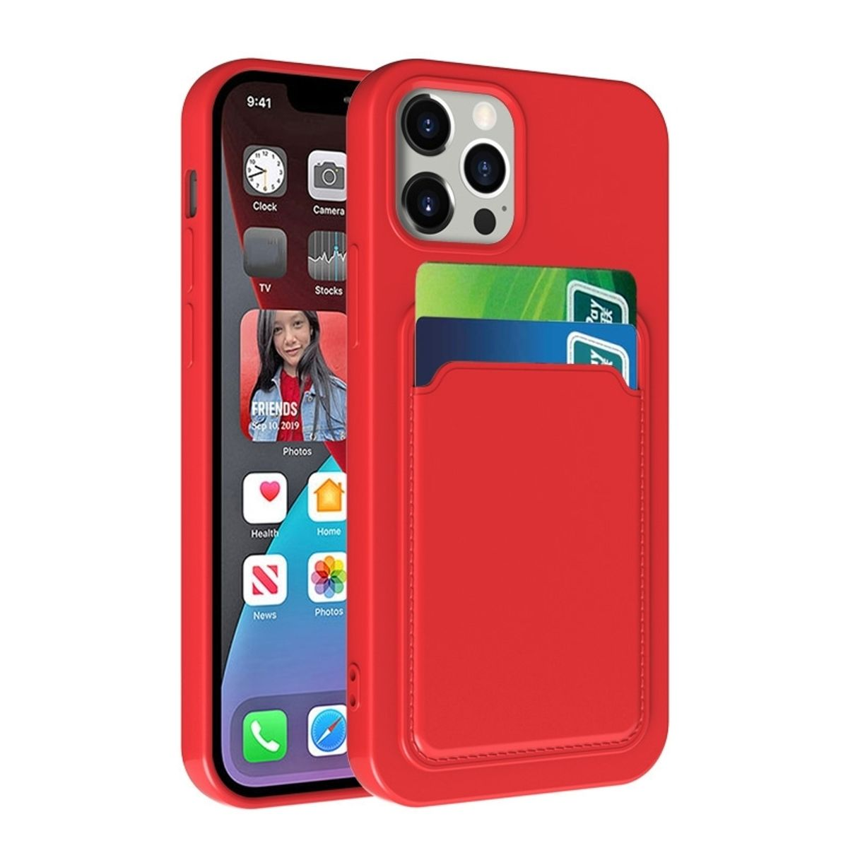 Rote Handyhülle mit Kreditkartenfächern und einem iPhone im Display. Das Telefon zeigt den Startbildschirm.