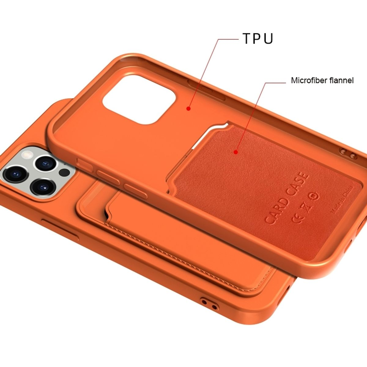 Orangefarbene Handyhülle mit Kartenhalter. Hülle ist geöffnet. Kartenetui ist braun. Weißer Hintergrund.