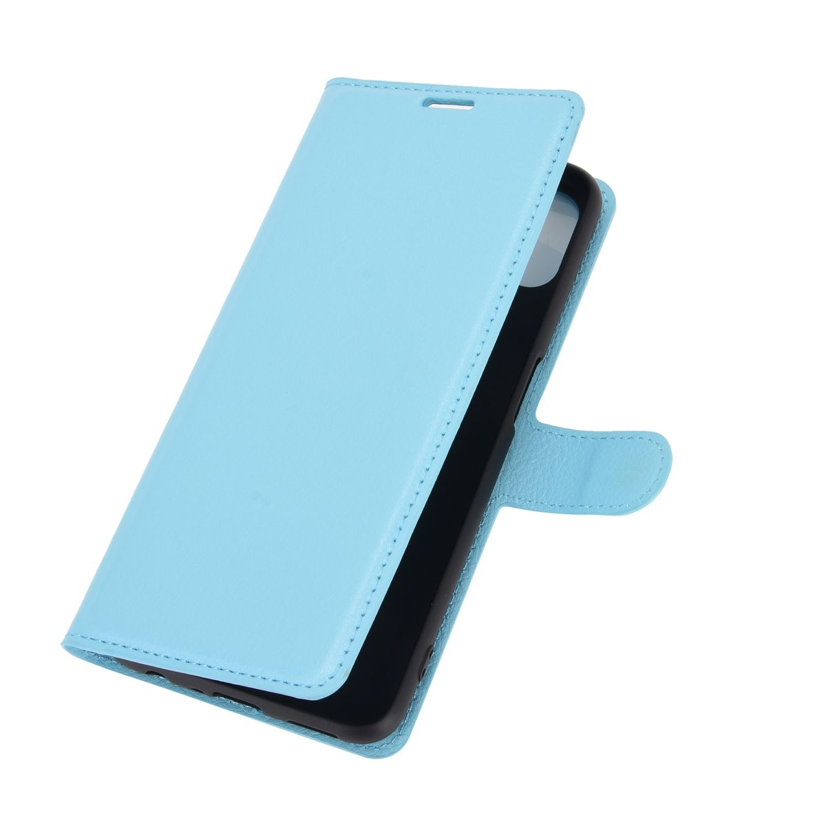 Hellblaue Handyhülle offen, zeigt ein Telefon im Inneren. Die Hülle ist aus Leder und ist offen.