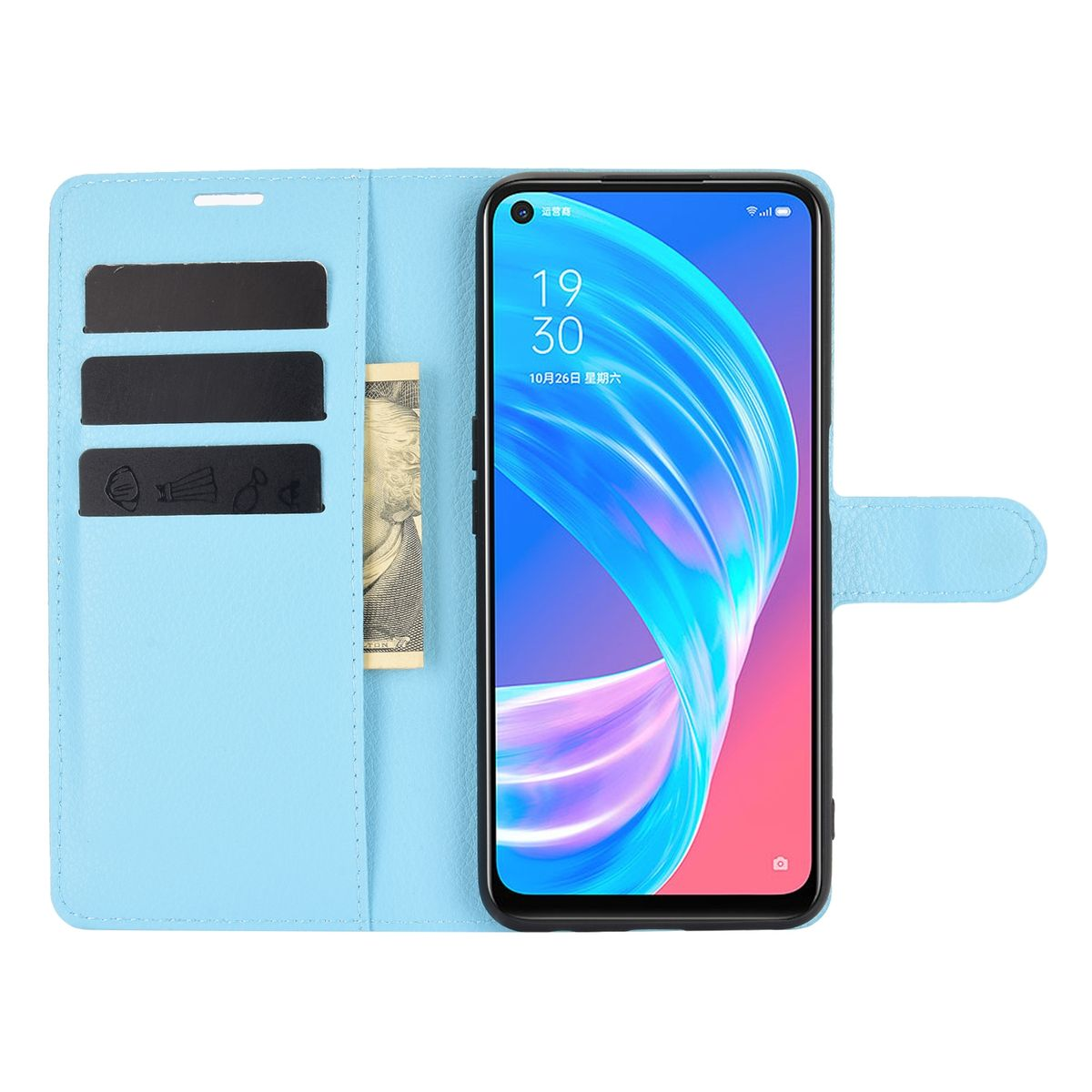 Blaue Handyhülle offen, zeigt Karten und Geld. Der Telefonbildschirm zeigt eine Uhr.