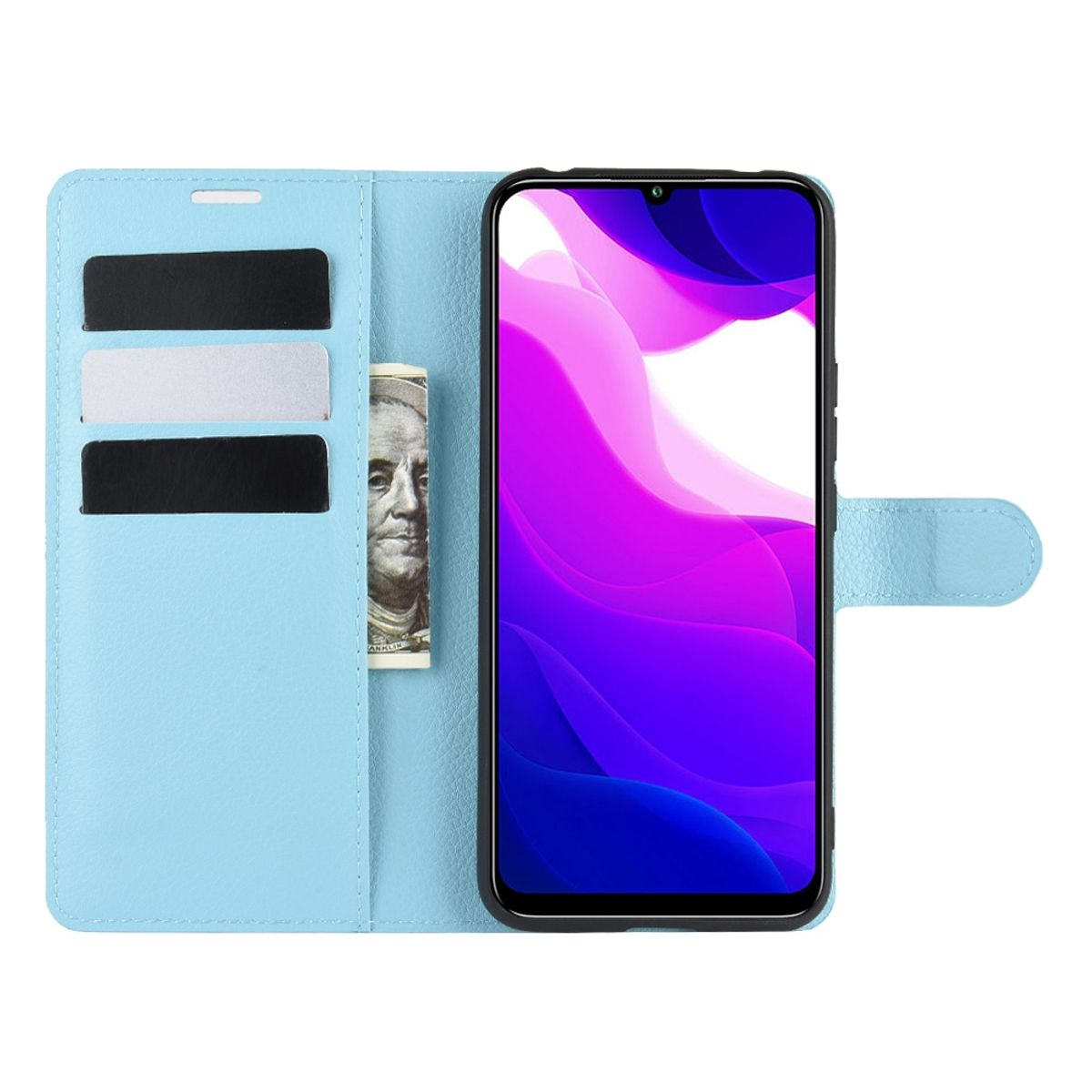 Blaue Handyhülle offen mit Telefon und 100-Dollar-Schein im Schlitz, Kartenfächer sichtbar.